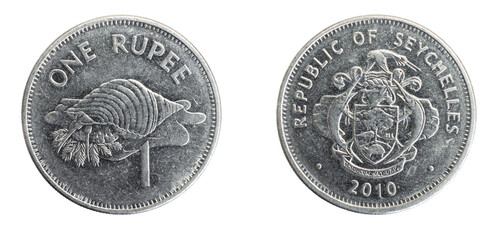 Seychelles one rupee coin on white isolated background