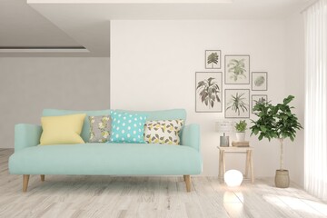 Fototapeta premium White living room with sofa. Scandinavian interior design. 3D illustration