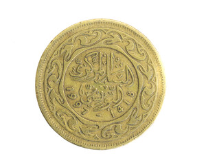 Tunisia fifty milliemes coin on white isolated background