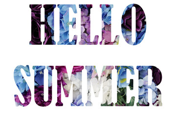 Text HELLO SUMMER from nature flowers background isolated on white