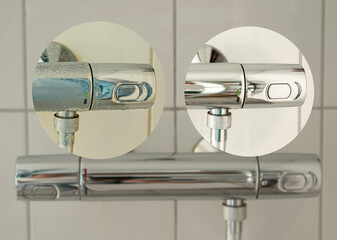 Compare image before- after cleaning with special detergent of the dirty stainless faucet cover with dirty hard calcium water stain in the bathroom. Old dirty faucet with clean and shiny like new. 
