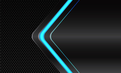Abstract blue line light neon arrow direction on dark grey metallic with black circle mesh pattern blank space design modern futuristic technology background vector illustration.
