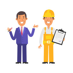 Businessman holding pen and smiling. Builder holds tablet and smiles. Vector characters