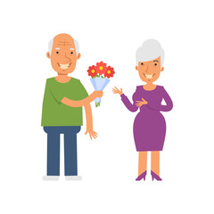 Old man giving bouquet flowers to an old woman. Vector characters