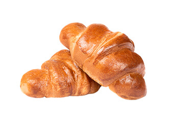 Two French croissants close-up isolated on white background.