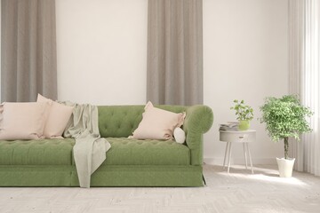 White living room with sofa. Scandinavian interior design. 3D illustration