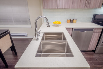 Modern, bright, clean, kitchen interior with stainless steel appliances in a luxury house