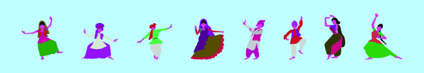 set of bhangra holiday indian dance cartoon icon design template with various models. vector illustration isolated on blue background
