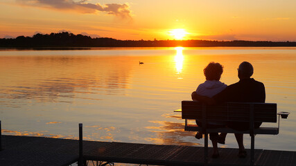 Silhouette of two people on a bench on a dock as they enjoy a sunset over a beautiful lake in...