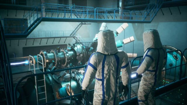 Physicists of the future are watching sci-fi fusion reactors to generate endless energy. The animation is for fantastic, the futuristic or scientific backgrounds. Physicists scientist at work.