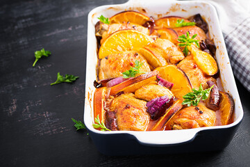 Baked chicken thighs. Appetizing slices of baked chicken with red onion and oranges in a baking dish.