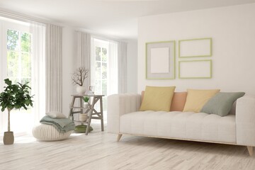 White living room with sofa. Scandinavian interior design. 3D illustration