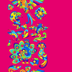 Seamless pattern with tropical birds. Mexican ceramic cute naive art.