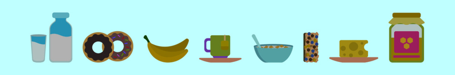 set of breakfast menu cartoon icon design template with various models. vector illustration isolated on blue background