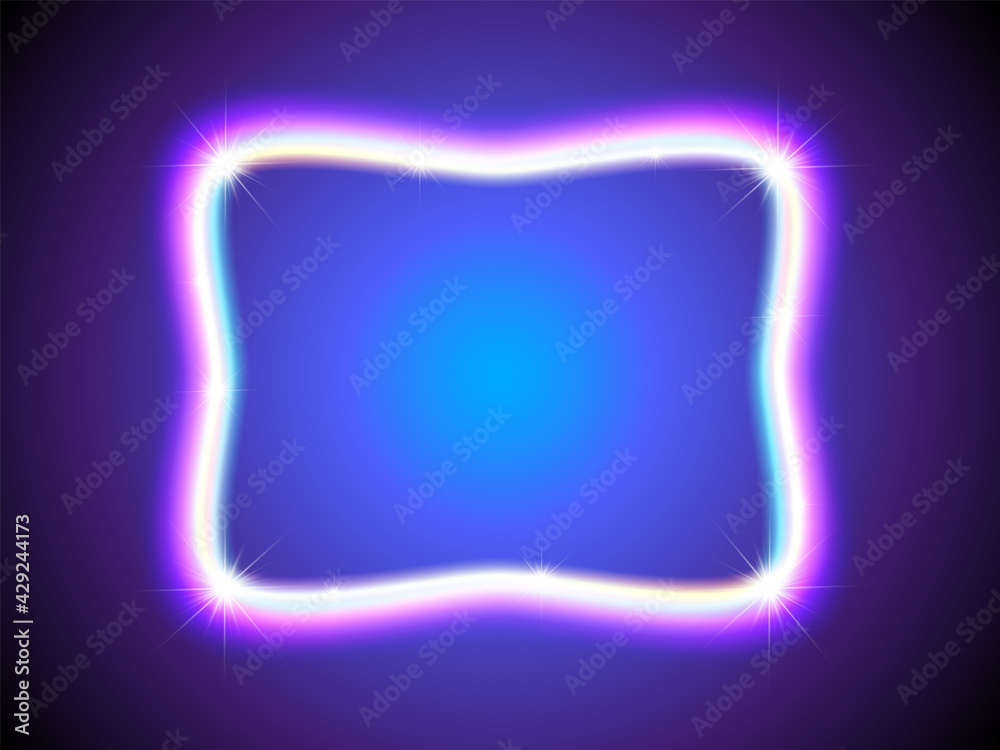 Poster Shiny neon frame with sparkles and colorful glow on dark blue background. Square frame with flares. Rectangular shape.