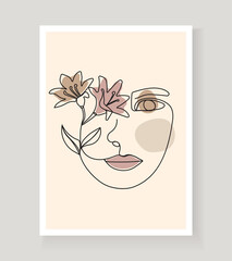Boho women's faces on abstract wall art vector. Surreal portrait, Girl face in continuous line style. Trendy floral, botanical abstract picture, minimalist art style for poster