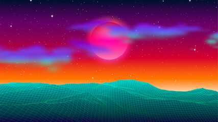 Futuristic landscape with 80s styled cyberpunk grid mountains on green planet with orange sky. Synthwave background for music cover or poster.