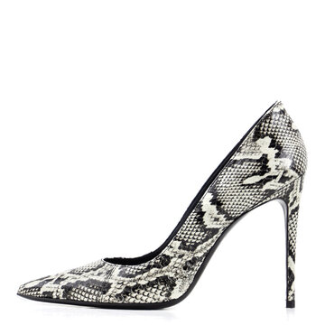 Light gray pumps with a pointed toe on a stiletto heel made of python skin, isolate on a white background