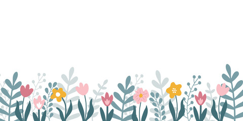 Vector floral horizontal banner with hand drawn  flowers and leaves and copy space for text on white background. 