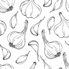 Vector line art seamless pattern. Fresh garlic. Bulbs and pieces . Black on white design for textile, wrapping paper, illustration, background about health care, immunity, vitamins in vegetables.