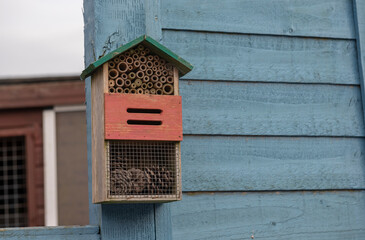 Bug house on a blue fence in garden