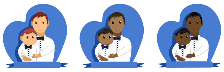 Vector illustration of a set boy with dad in costumes with a bow tie of different nationalities 