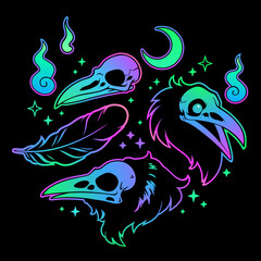 set of stickers with bird skulls in neon colors
