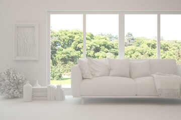 White living room with sofa and summer landscape in window. Scandinavian interior design. 3D illustration