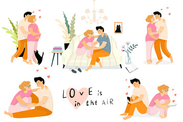 Obraz na płótnie Canvas Happy couple in love at home, sitting on the couch in living room, husband hugging loving pregnant wife. Home couple routine vector illustration design collection.