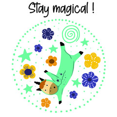Stay magical lettering; unicorn pajama party, flowers; stars; fun; turquoise.