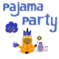 Unicorn in lotus position on in pajamas with a cup of cocoa and marshmallows, lollipop, pajama party, holiday with a unicorn.