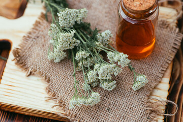 Obraz na płótnie Canvas Yarrow herbal tincture in white bottle with a cork. Achillea millefolium white fresh flowers On a wooden cutting board ready for cooking medicines, medicines or drying