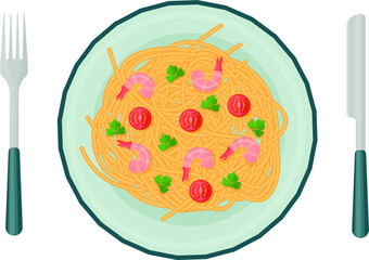 Appetizing spaghetti with shrimp, greens and vegetables on a plate. A dish of Mediterranean cuisine. Vector illustration on a white background