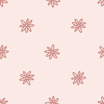 Simple daisy line art vector seamless pattern. Doodle flower regular background. Hand drawn linear neutral terracotta floral backdrop print.
