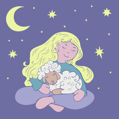 Vector illustration with sitting girl and lamb with moon and stars on background. Design for sleepwear or textile.