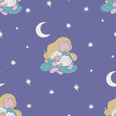 Fototapeta na wymiar Vector seamless pattern with sitting girl holding lamb with moon and stars on background. Design for sleepwear or textile.