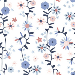 Fototapeta na wymiar Folksy floral vertical stripes vector seamless pattern. Boho folk art flower ornament. Rustic ditsy bloom backdrop.