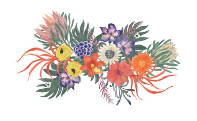 Colorful floral composition with leaves and tropical flowers;orchid and protea , drawing watercolor. Design for invitation, wedding or greeting cards