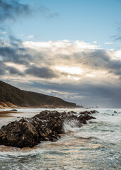 South African Coastline with sun breaking through the clouds in Plettenberg Bay. September 2019