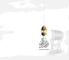 Ramadan Design vector with calligraphy, traditional drum and lantern golden color isolated on white background