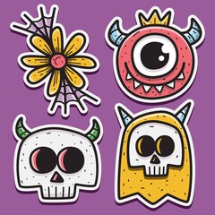 cartoon doodle monster sticker set design
