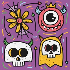 hand drawn kawai doodle cartoon monster designs for wallpaper, stickers, coloring books, pins, emblems, logos and more