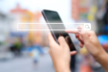search bar, searching browsing internet data information, hand of woman working with smartphone.