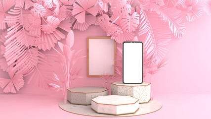 3D rendering of Smartphone white screen resting on a Octagonal marble Podium. The pink leaves and pink palm overlap to form art dimensions. Pedestal Can be used for advertising, on pink background.