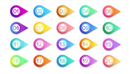 Bullet numbers. Infographic buttons and points. Icon with numbers from 1 to 20. 3d pointers for promotion. Colorful gradient markers for badges, tags. Modern logos in map interface. Vector.