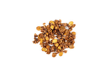 Organic homemade roasted granola cereal pile with oats, flax, almonds, chocolate isolated on white background. Top view muesli