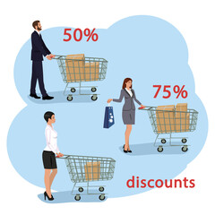 People buy goods with discounts. A concept for banners and ads.