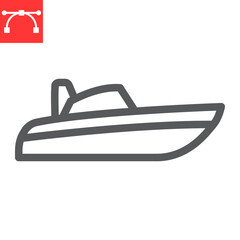 Speedboat line icon, motor boat and beach, motorboat vector icon, vector graphics, editable stroke outline sign, eps 10