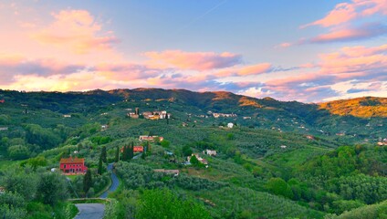 view of the beautiful countryside of the Valdinievole from the Buggiano Castle in the town of...