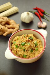 Somen noodle with spicy garlic ginger sesame soy sauce